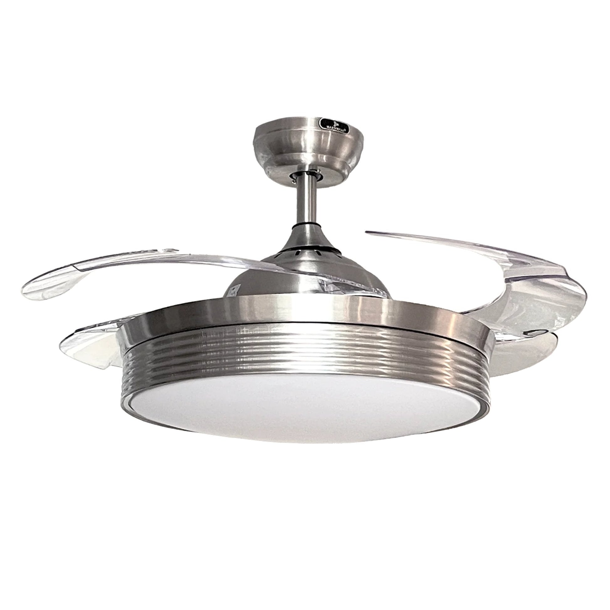 Ventilador decorativo de techo Masterfan Roma 42 de 4 aspas transparentes retráctiles satinado con luz LED
