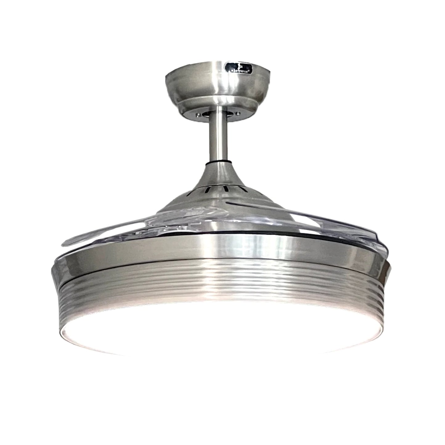 Ventilador decorativo de techo Masterfan Roma 42 de 4 aspas transparentes retráctiles satinado con luz LED