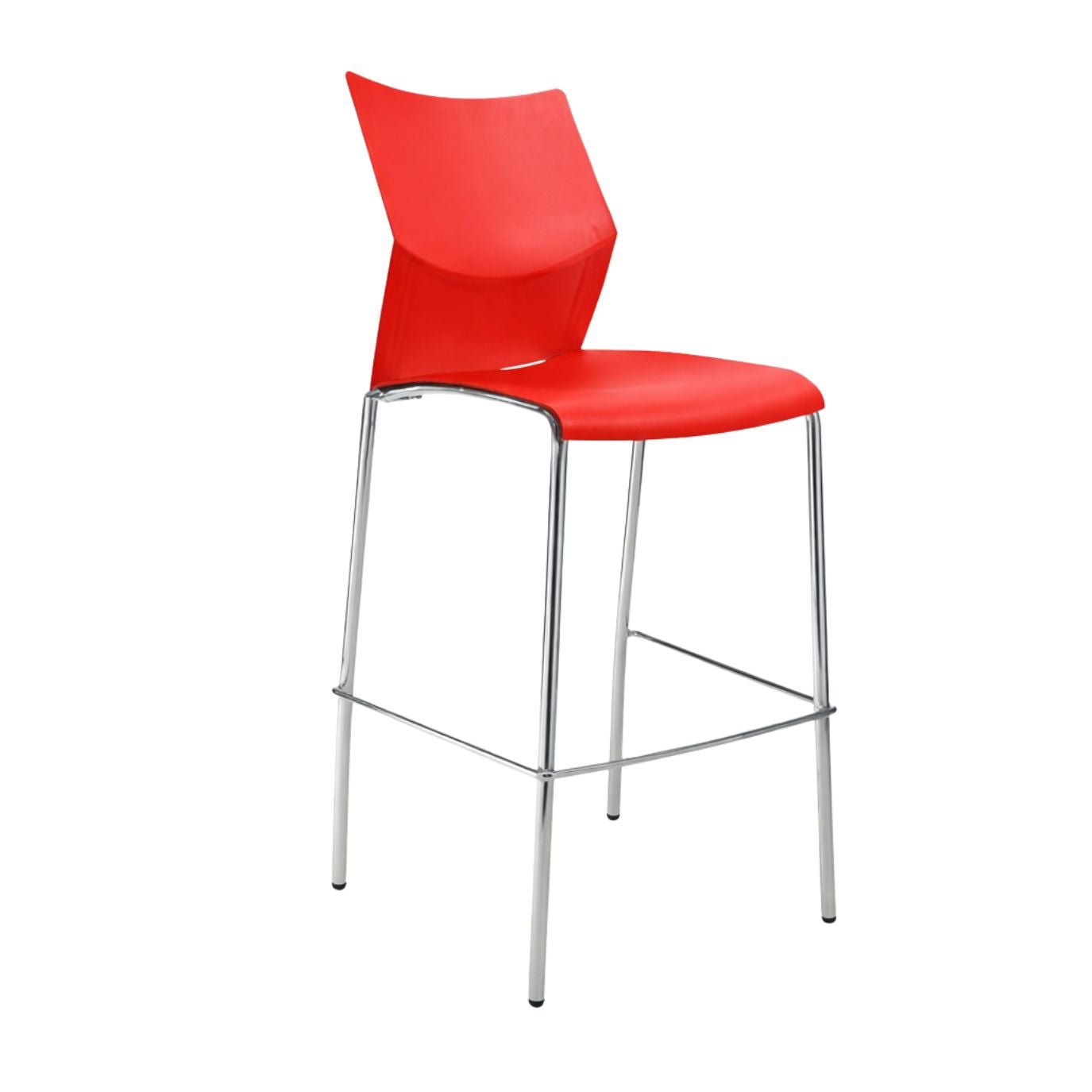 Banco alto Labenze Nizza con asiento y respaldo de polipropileno y estructura tubular cromada con descansa pies.