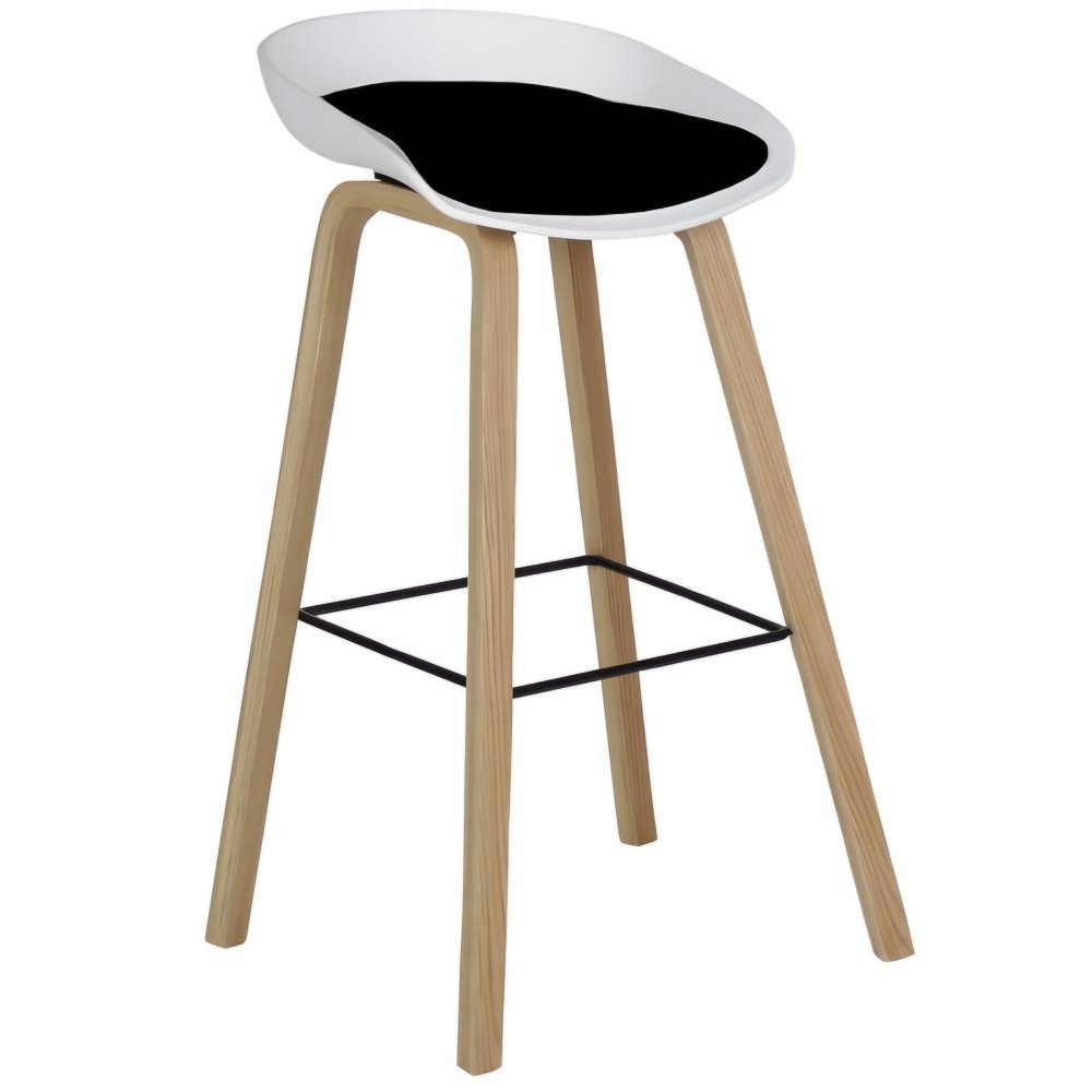 Banco alto Stella con asiento acojinado en vinipiel, patas de madera de haya y reposapiés metálico.