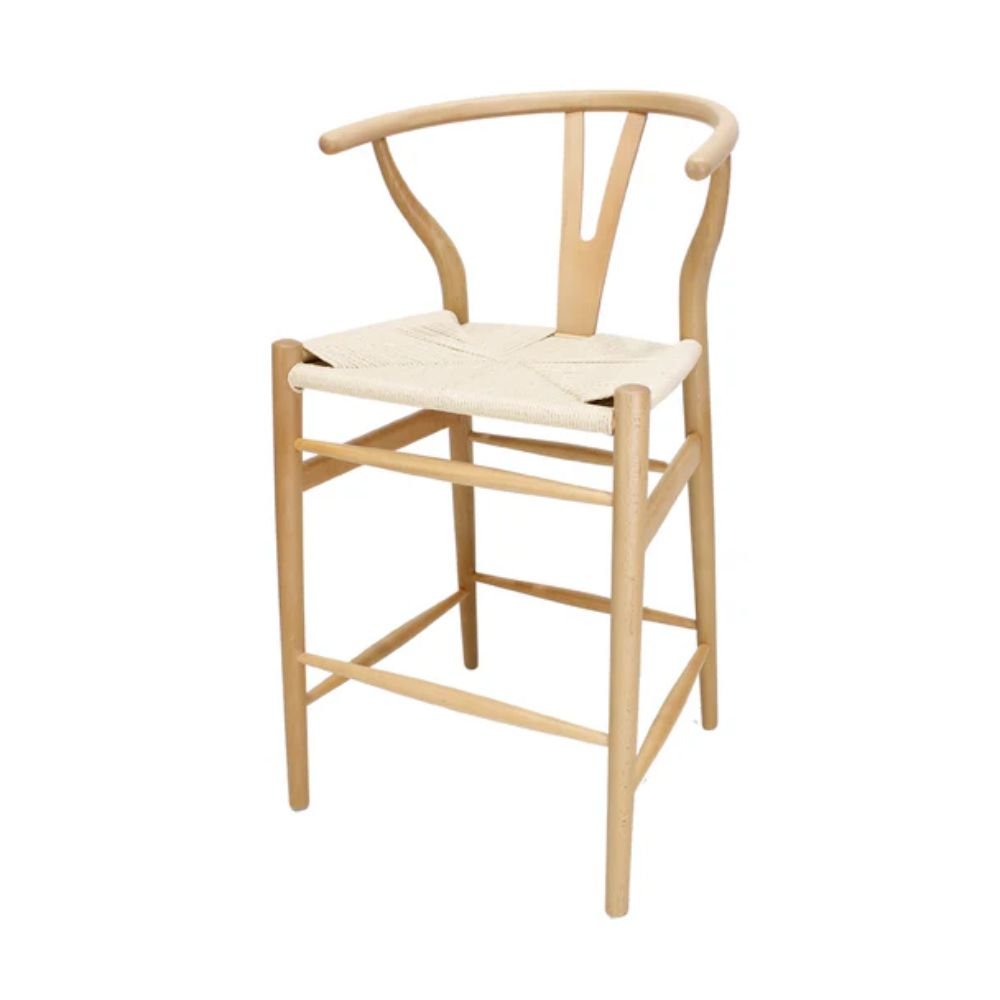 Banco bajo Kingstrong Micerino con asiento de cuerda trenzada natural y estructura de madera sólida