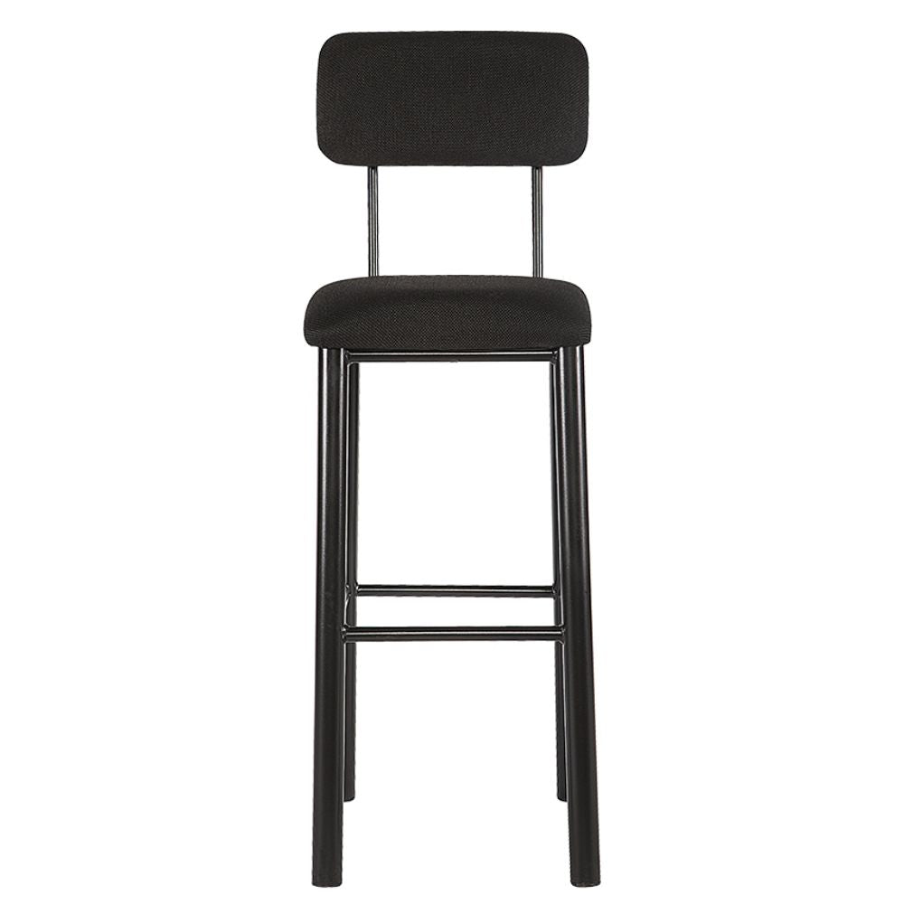 Banco comercial Albar PL-09 negro con respaldo y asiento tapizados, estructura de acero y descansa pies.