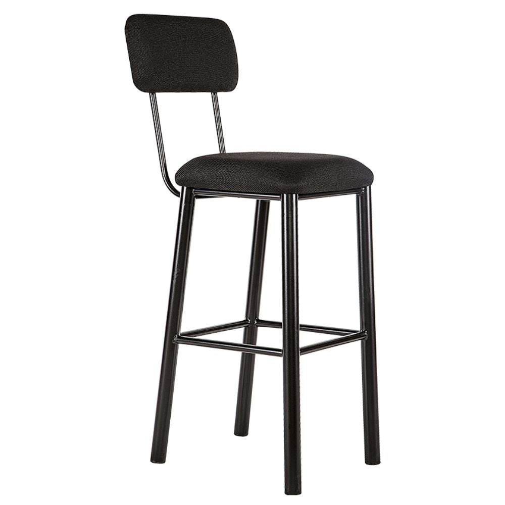 Banco comercial Albar PL-09 negro con respaldo y asiento tapizados, estructura de acero y descansa pies.