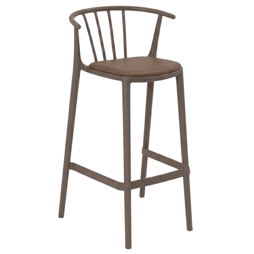 Banco alto Resol Woody con asiento tapizado en tejido acrílico y estructura para uso interior y exterior.