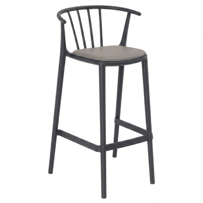 Banco alto Resol Woody con asiento tapizado en tejido acrílico y estructura para uso interior y exterior.