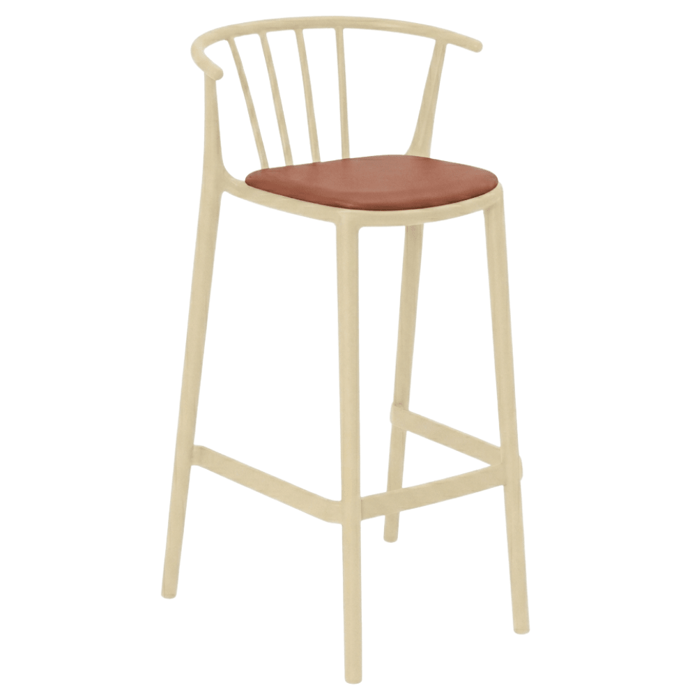 Banco alto Resol Woody con asiento tapizado en tejido acrílico y estructura para uso interior y exterior.