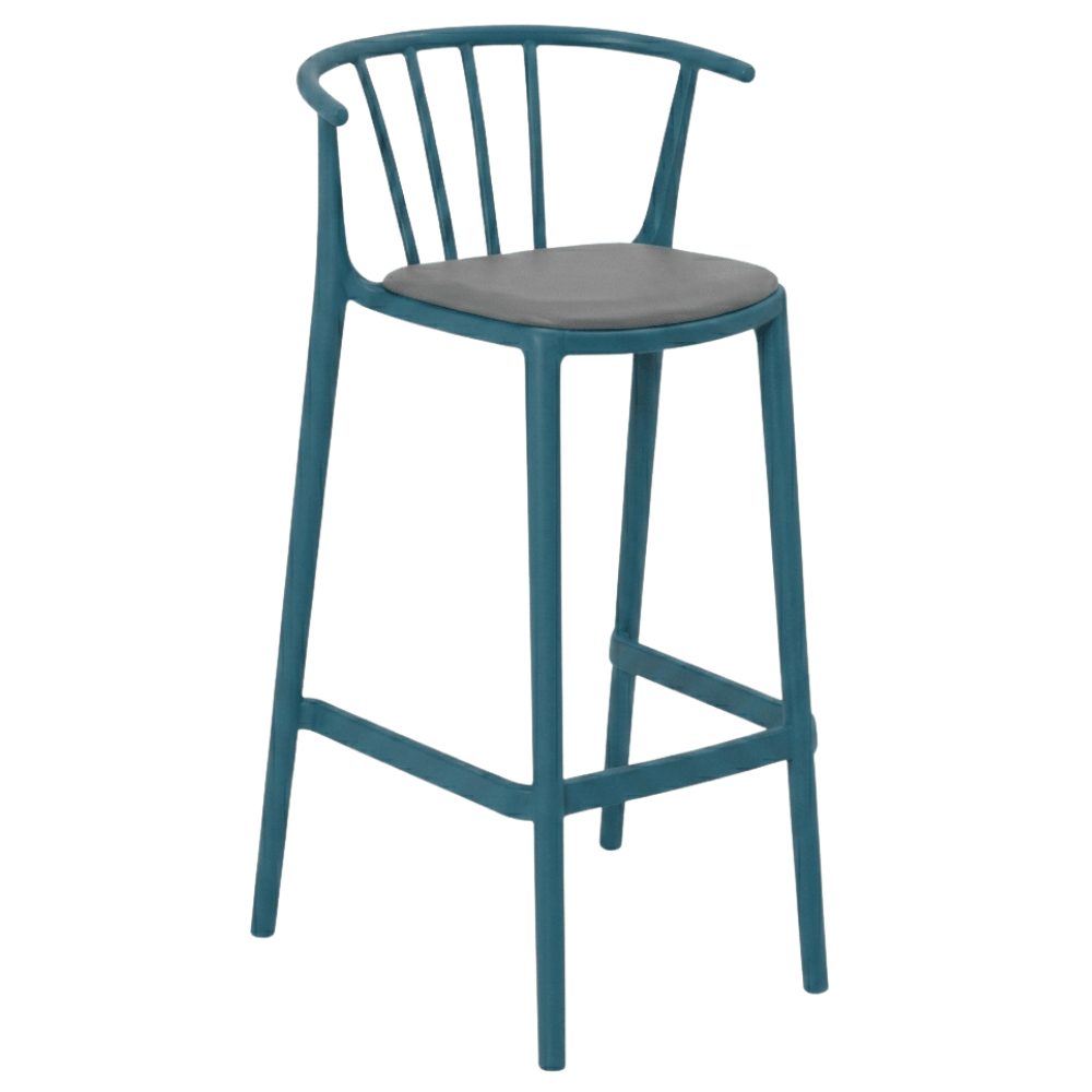 Banco alto Resol Woody con asiento tapizado en tejido acrílico y estructura para uso interior y exterior.