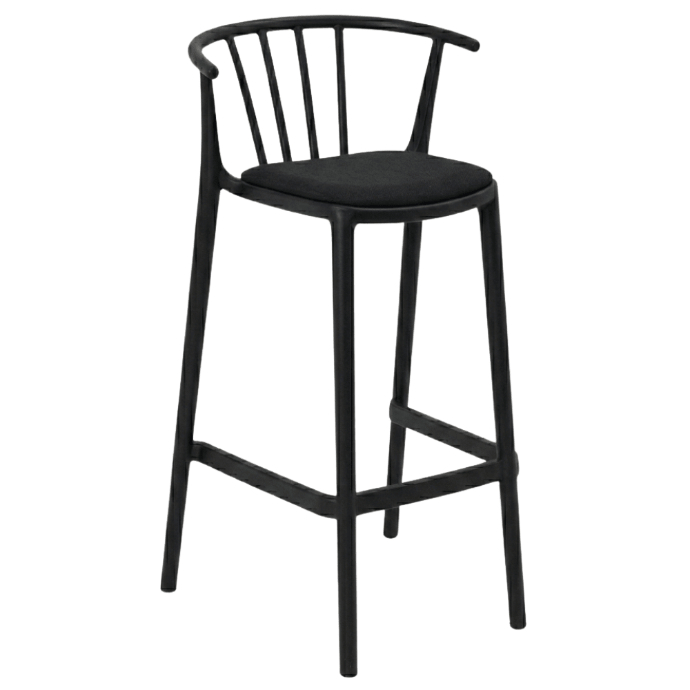 Banco alto Resol Woody con asiento tapizado en tejido acrílico y estructura para uso interior y exterior.