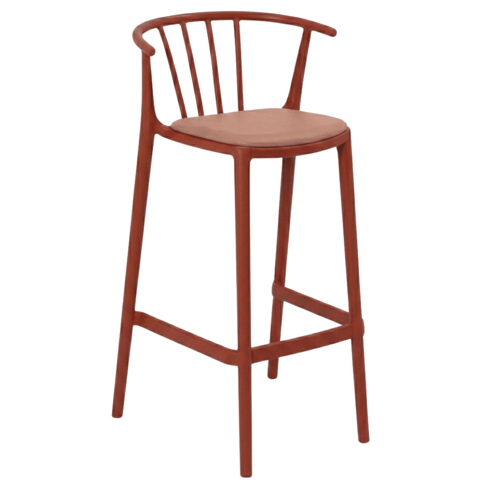 Banco alto Resol Woody con asiento tapizado en tejido acrílico y estructura para uso interior y exterior.