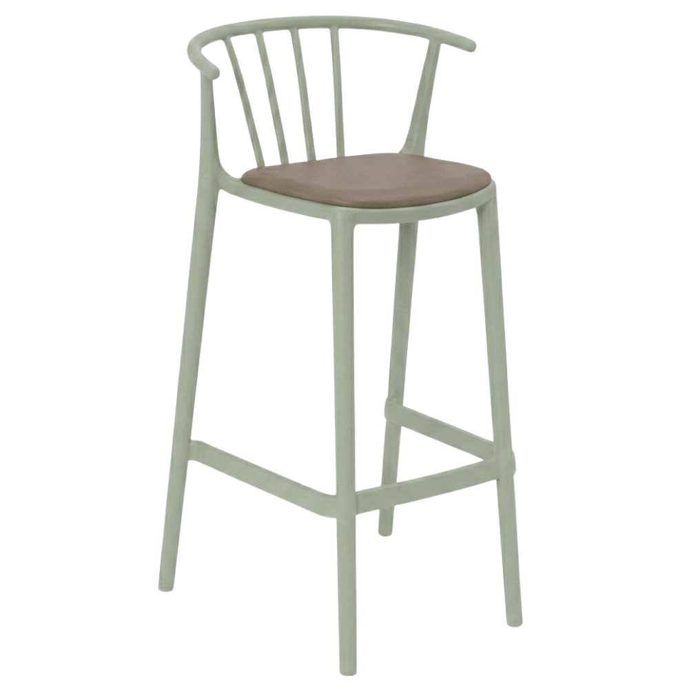 Banco alto Resol Woody con asiento tapizado en tejido acrílico y estructura para uso interior y exterior.