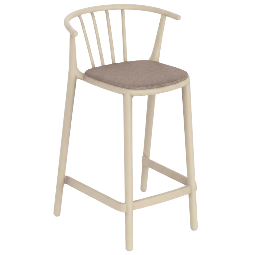 Banco Resol Woody Medio con asiento tapizado en tejido acrílico y estructura para uso interior y exterior.