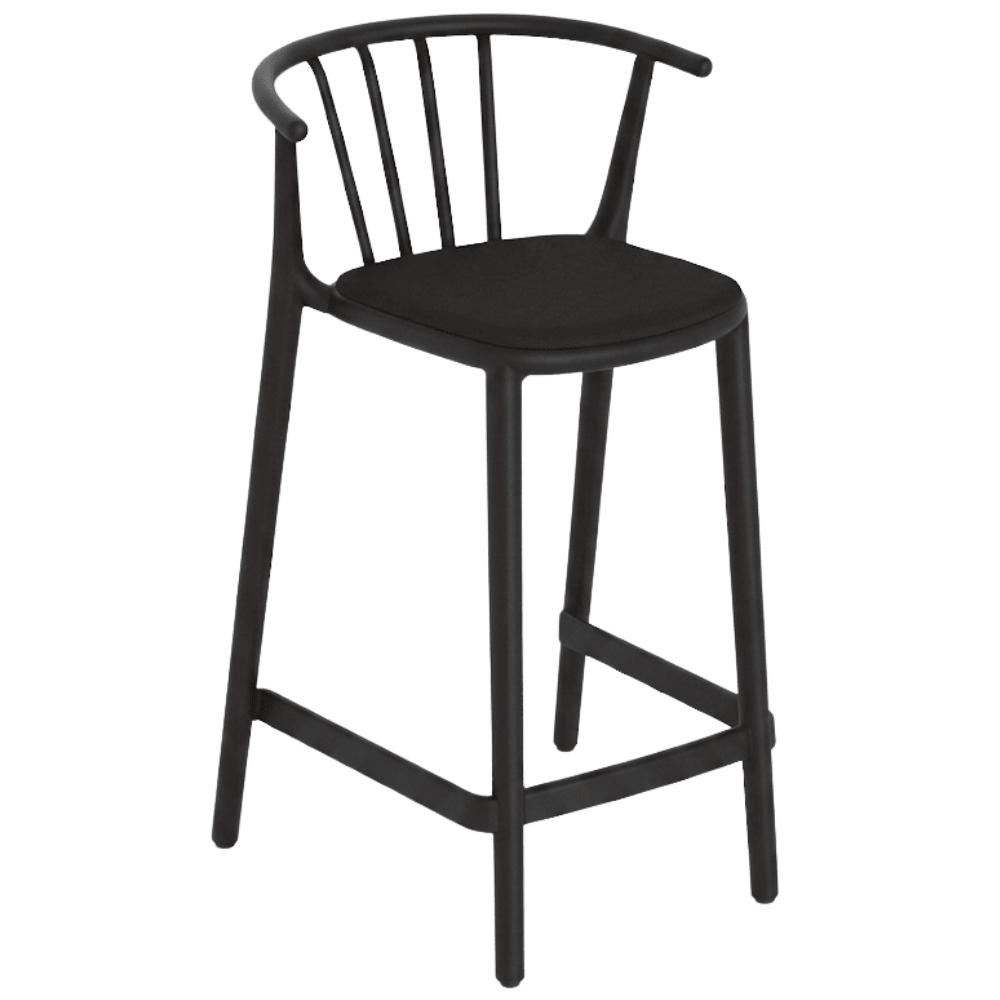Banco Resol Woody Medio con asiento tapizado en tejido acrílico y estructura para uso interior y exterior.