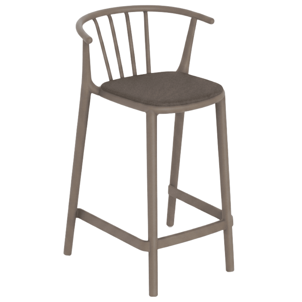 Banco Resol Woody Medio con asiento tapizado en tejido acrílico y estructura para uso interior y exterior.