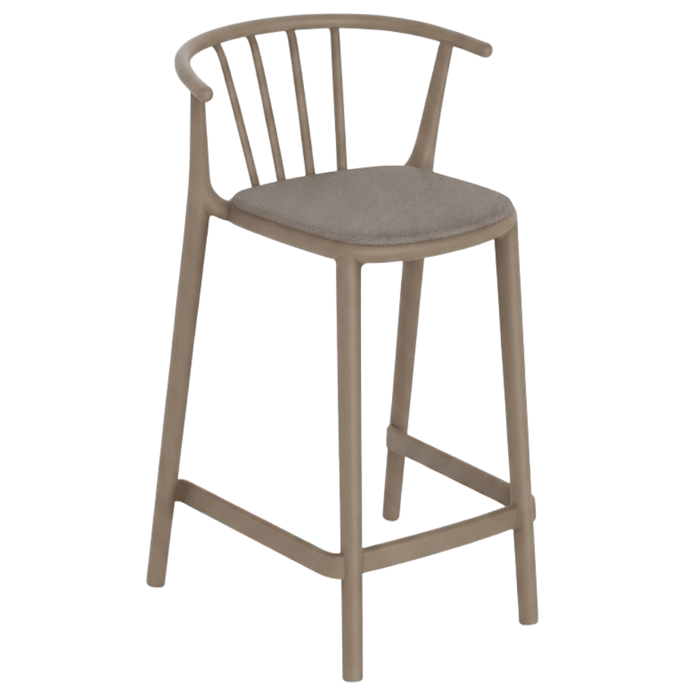 Banco Resol Woody Medio con asiento tapizado en tejido acrílico y estructura para uso interior y exterior.