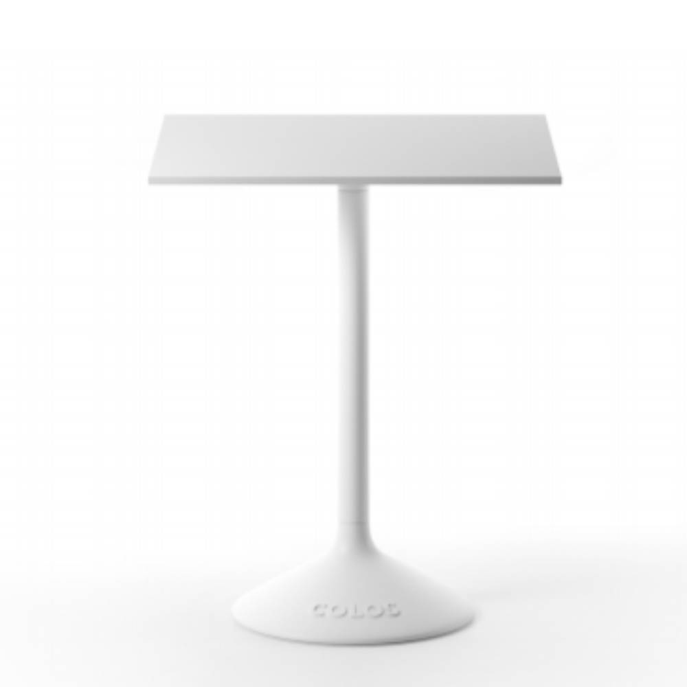 Mesa cuadrada Colos Stato B/Q-600 con pedestal de acero y cubierta HPL resistente a rayos UV para exterior