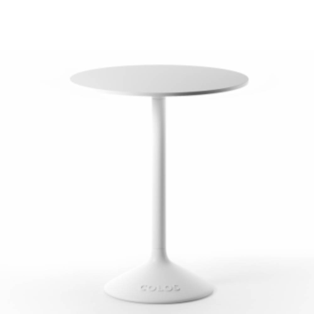 Mesa redonda Colos Stato B/T-600 con pedestal de acero y cubierta HPL resistente a rayos UV para exterior