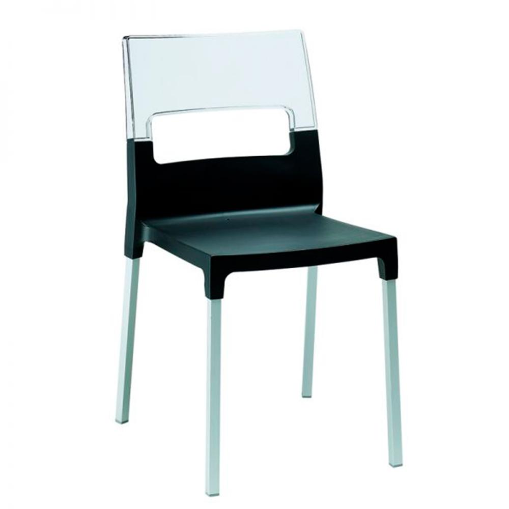Silla Labenze Diva con respaldo transparente, asiento de polipropileno y patas de aluminio cuadrado