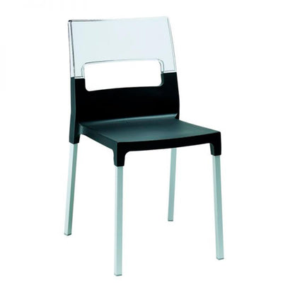 Silla Labenze Diva con respaldo transparente, asiento de polipropileno y patas de aluminio cuadrado