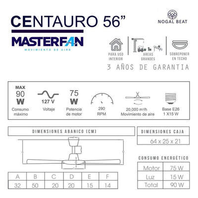 Ventilador industrial de techo Masterfan Centauro 56 pulgadas color gris satinado con tres aspas de metal y luz para interior