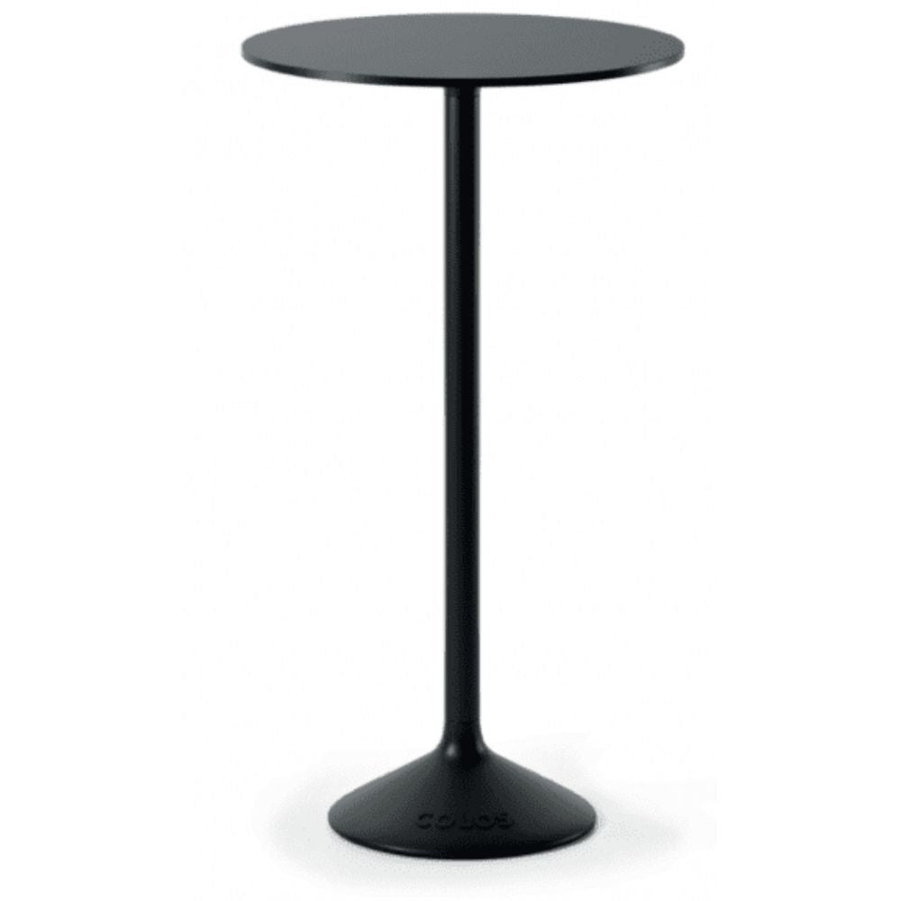 Mesa periquera redonda alta Colos Stato A/Q-600 con pedestal tubular de acero y cubierta laminada HPL