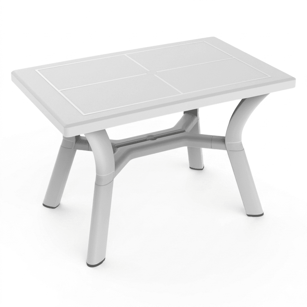 Mesa rectangular Resol Dalia 115x72 blanca en polipropileno con agujero para parasol.