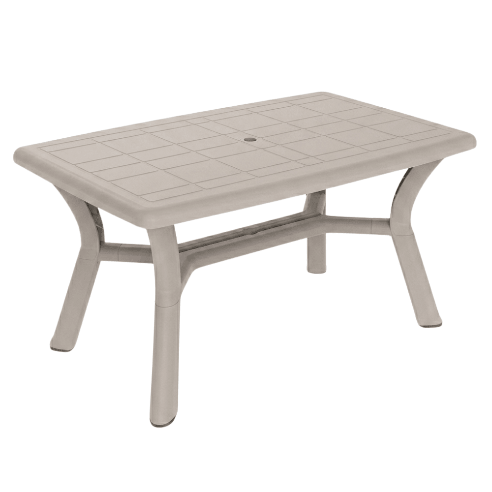 Mesa rectangular Resol Dalia 140x90 en polipropileno con agujero para parasol y tacos antideslizantes.