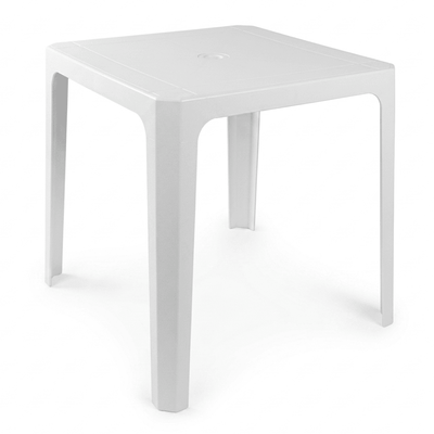Mesa monobloc RESOL BEACH BAR 70x70 de polipropileno blanco apilable con agujero para sombrilla