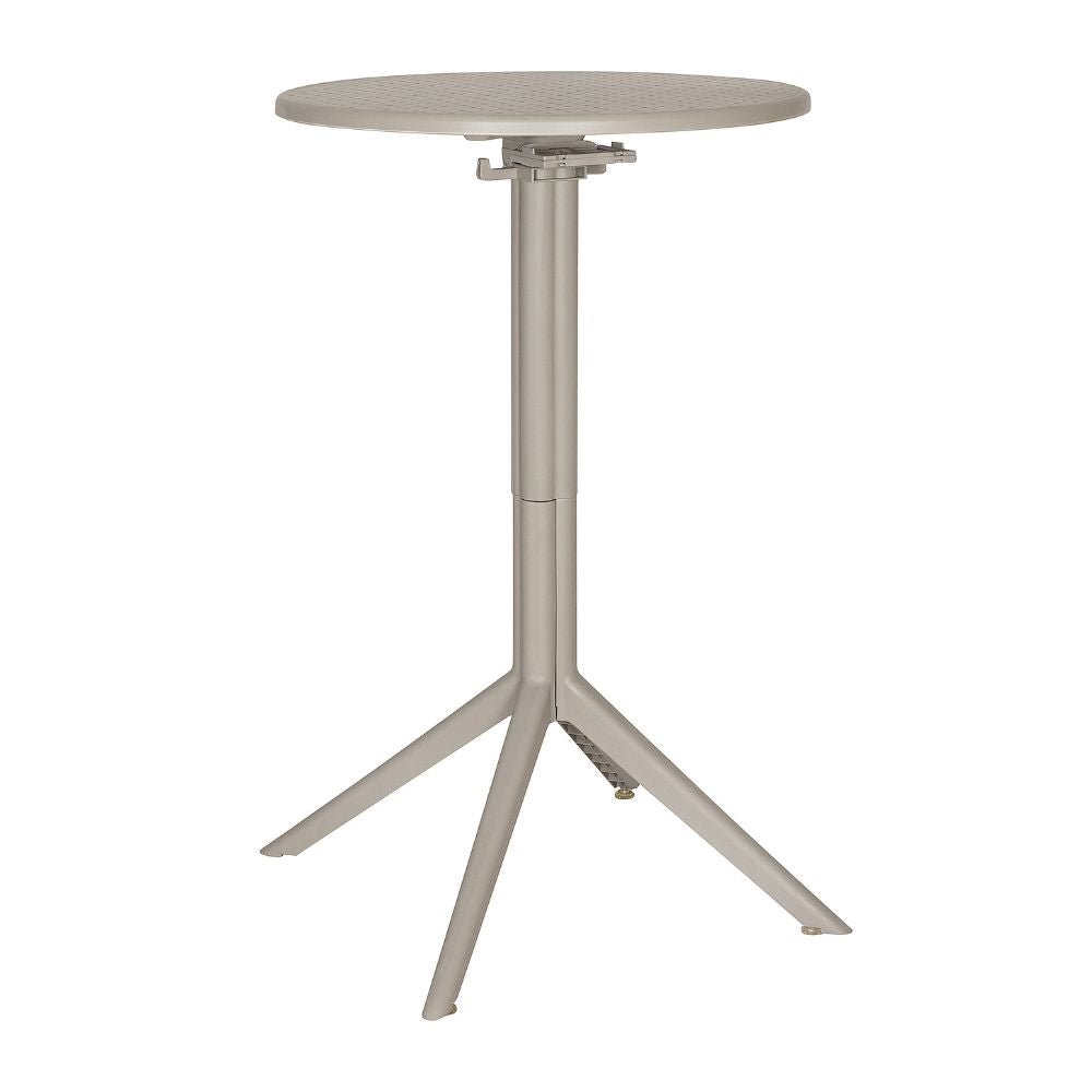 Mesa redonda Albar AR-403 en polipropileno con cubierta abatible, baja y alta, para exterior.