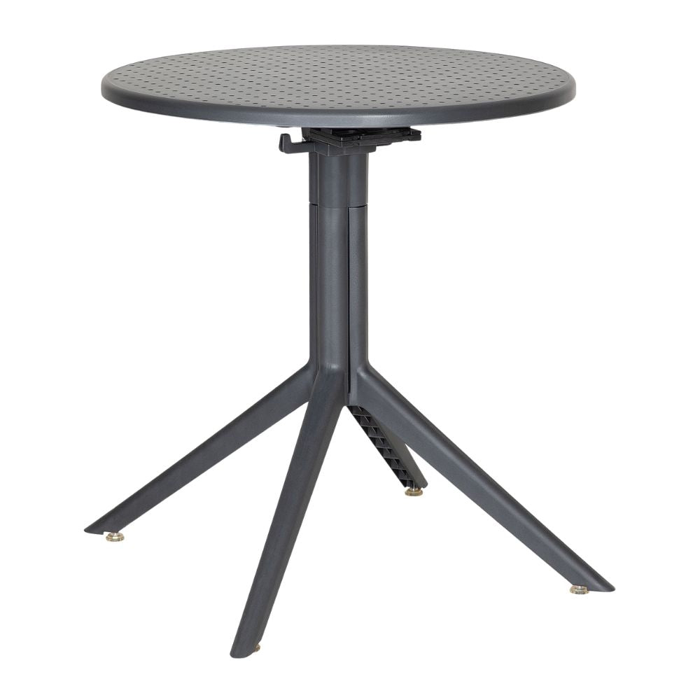 Mesa redonda Albar AR-403 en polipropileno con cubierta abatible, baja y alta, para exterior.