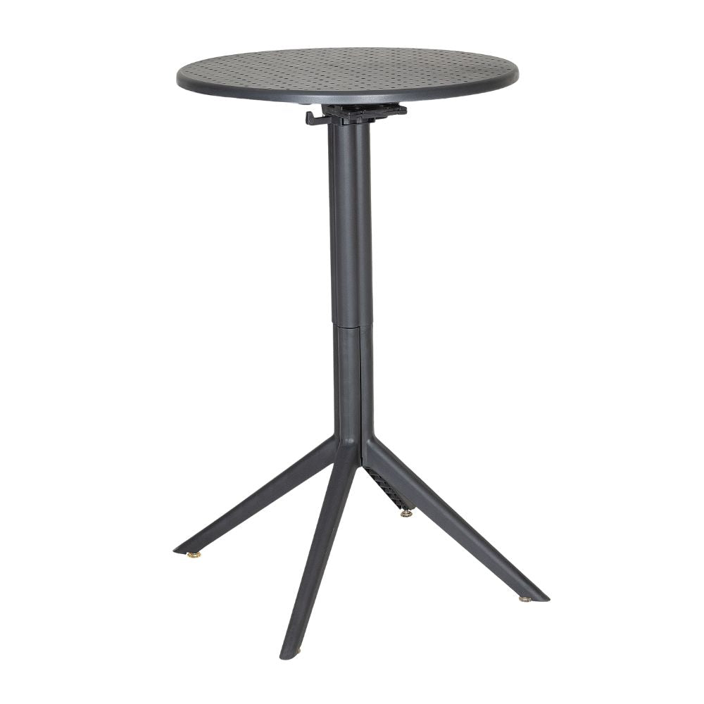 Mesa redonda Albar AR-403 en polipropileno con cubierta abatible, baja y alta, para exterior.