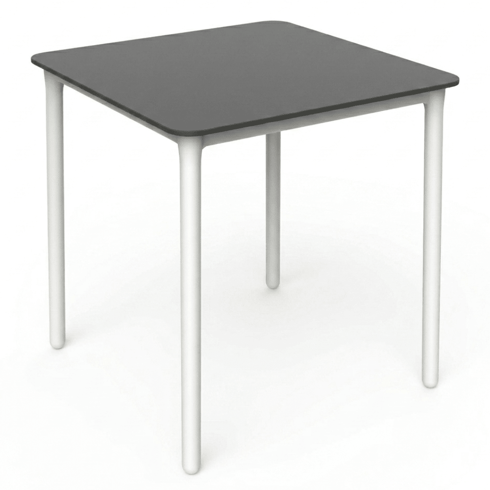 Mesa cuadrada apilable Resol Marsella en polipropileno con patas reforzadas con fibra de vidrio.
