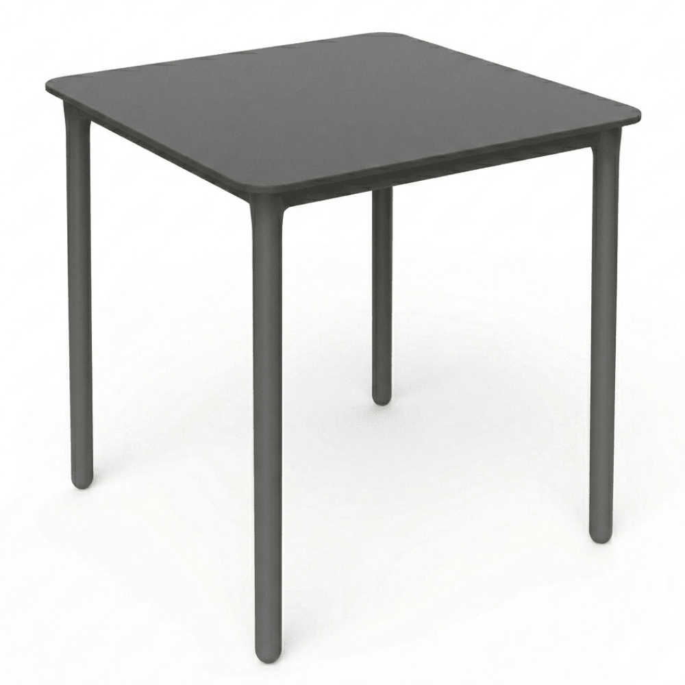 Mesa cuadrada apilable Resol Marsella en polipropileno con patas reforzadas con fibra de vidrio.