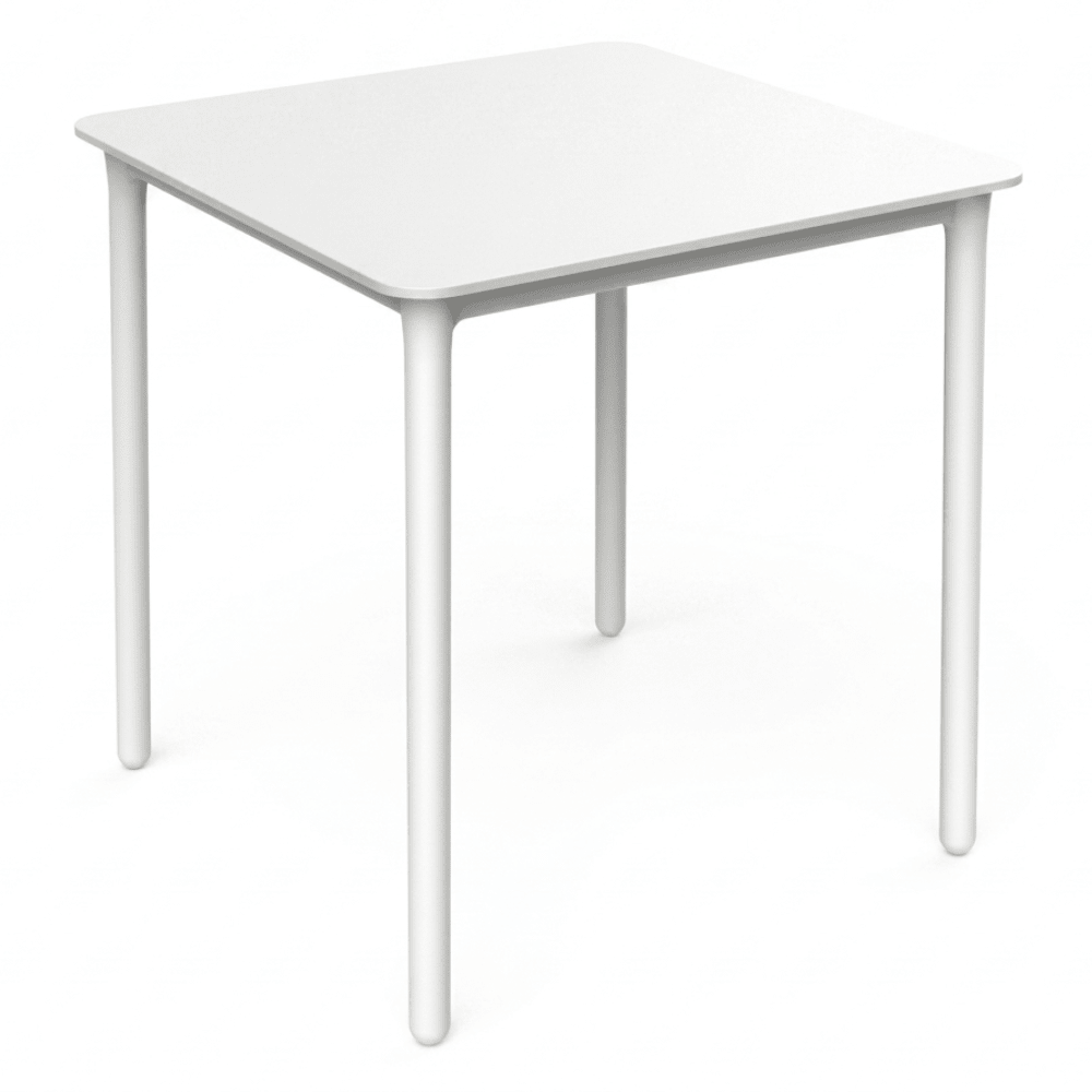 Mesa cuadrada apilable Resol Marsella en polipropileno con patas reforzadas con fibra de vidrio.