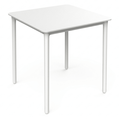 Mesa cuadrada apilable Resol Marsella en polipropileno con patas reforzadas con fibra de vidrio.