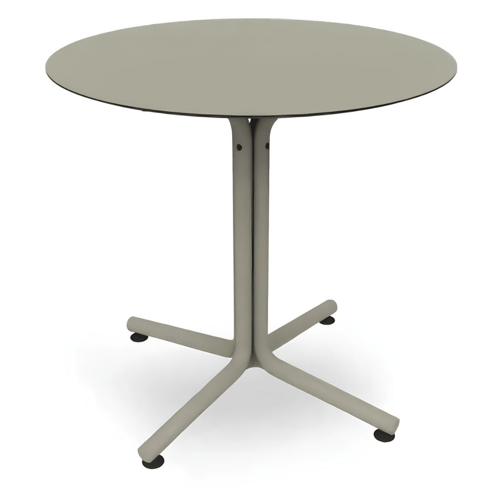 Mesa comercial circular Resol Bini HPL con tablero compacto fenólico y pie de polipropileno con fibra de vidrio para exterior