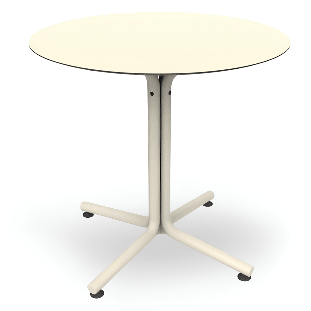 Mesa comercial circular Resol Bini HPL con tablero compacto fenólico y pie de polipropileno con fibra de vidrio para exterior