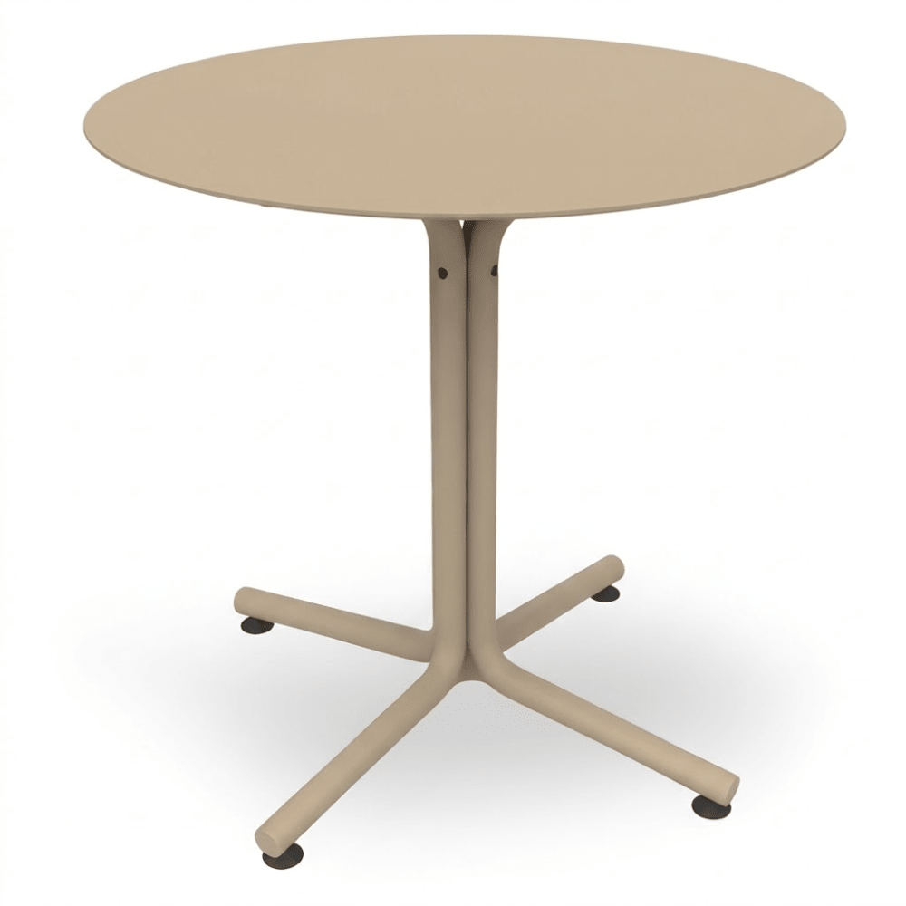 Mesa comercial circular Resol Bini HPL con tablero compacto fenólico y pie de polipropileno con fibra de vidrio para exterior
