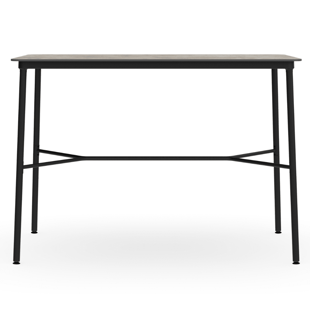 Mesa comercial alta Resol Hub 150x70 con estructura de aluminio lacado y tablero HPL