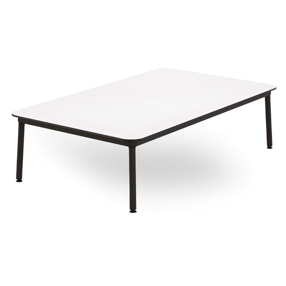 Mesa comercial baja Resol Hub 150x90 con estructura de aluminio lacado y tablero HPL