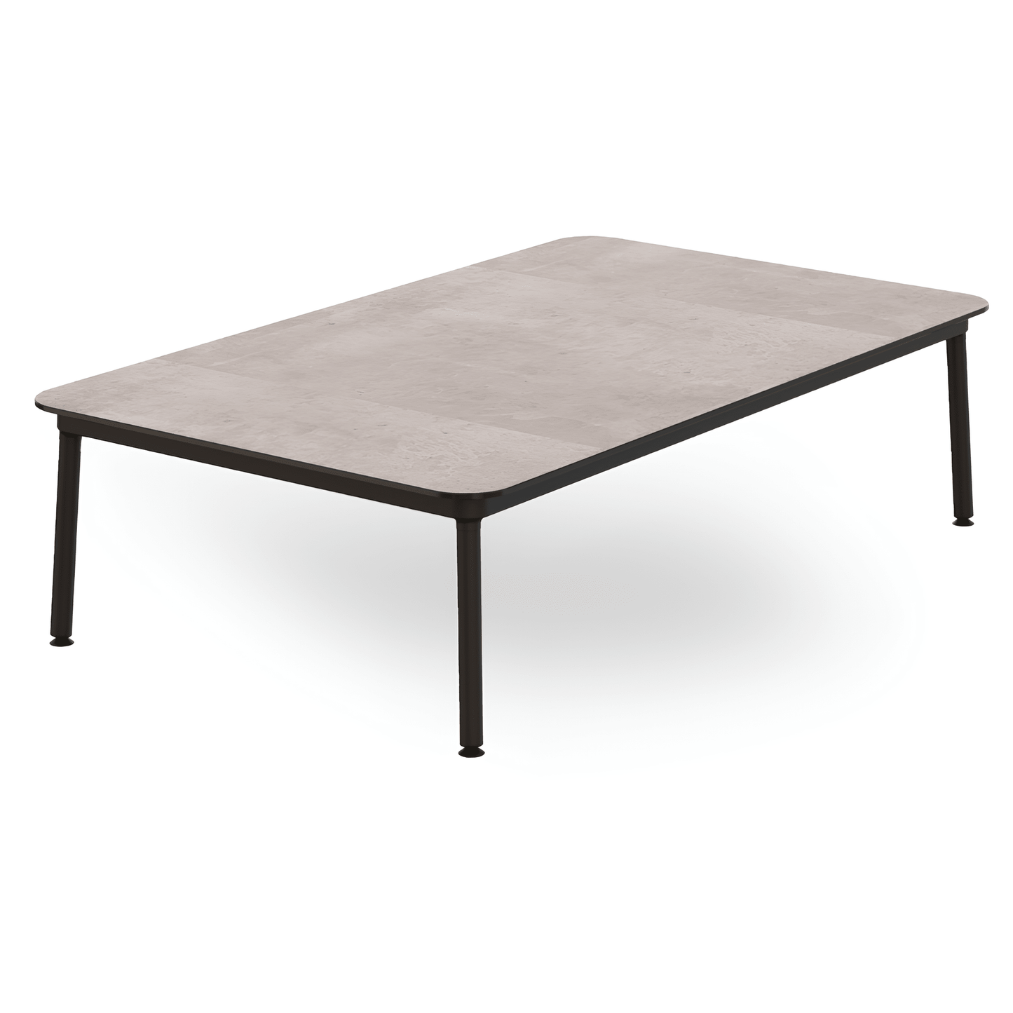 Mesa comercial baja Resol Hub 150x90 con estructura de aluminio lacado y tablero HPL