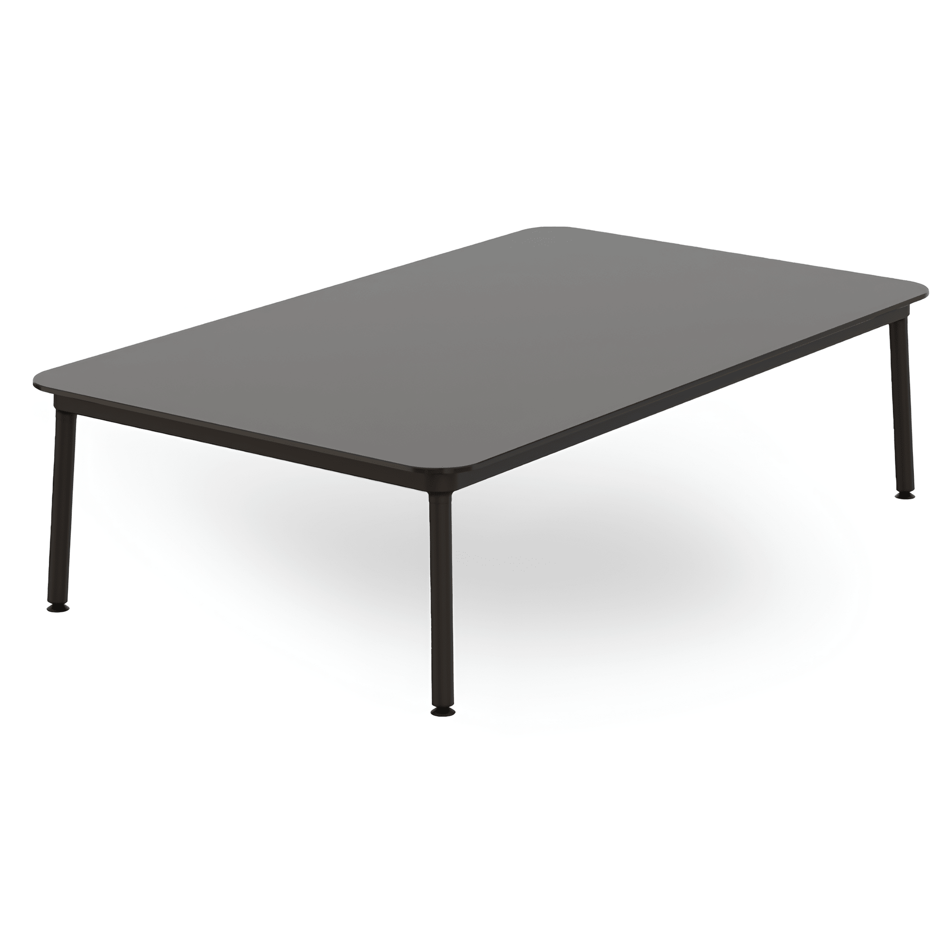 Mesa comercial baja Resol Hub 150x90 con estructura de aluminio lacado y tablero HPL