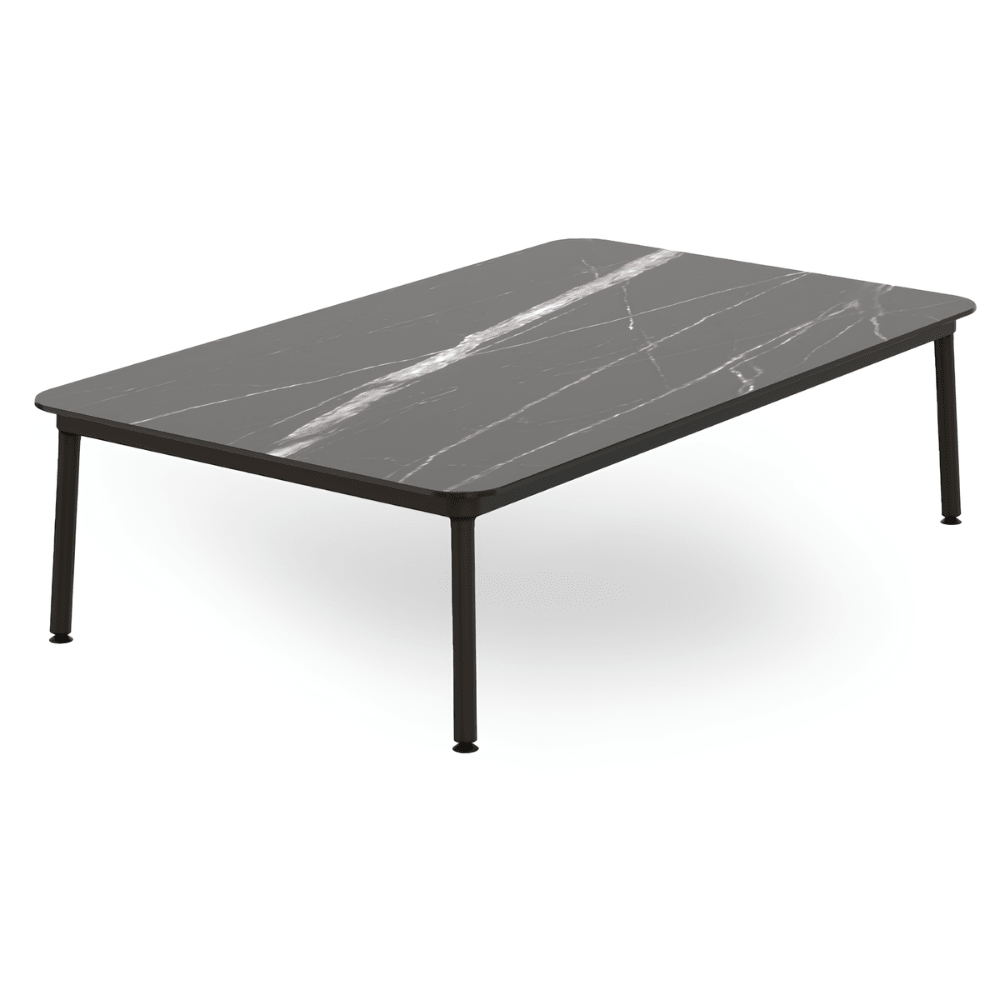 Mesa comercial baja Resol Hub 150x90 con estructura de aluminio lacado y tablero HPL