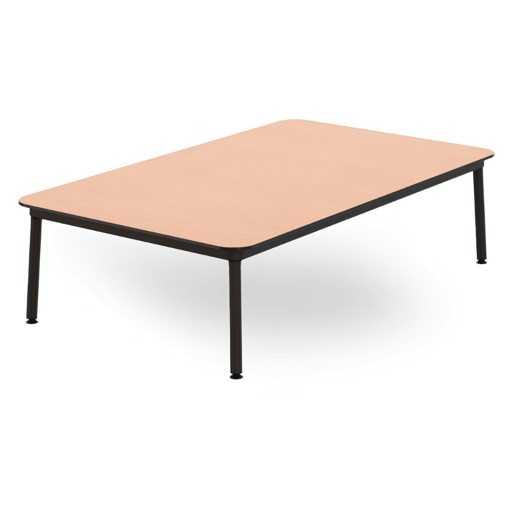 Mesa comercial baja Resol Hub 150x90 con estructura de aluminio lacado y tablero HPL