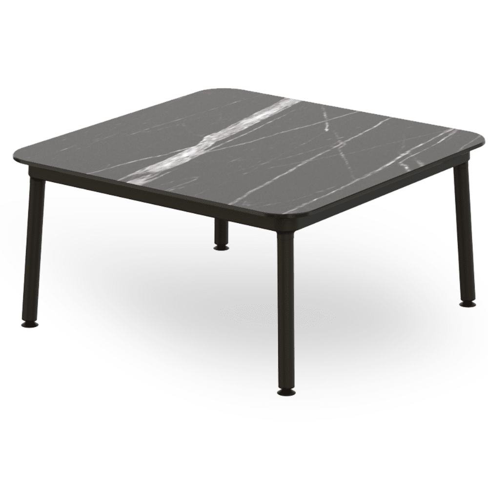 Mesa baja cuadrada RESOL HUB 80x80 con estructura de aluminio lacado y patas de acero