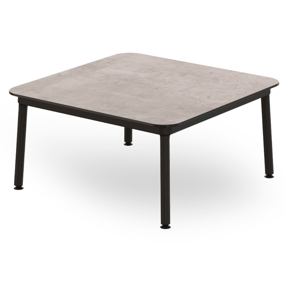 Mesa baja cuadrada RESOL HUB 80x80 con estructura de aluminio lacado y patas de acero