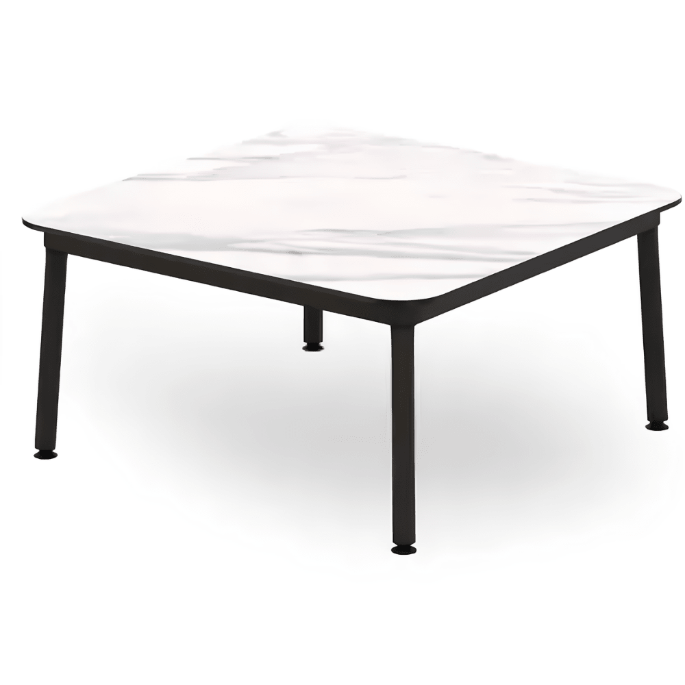 Mesa baja cuadrada RESOL HUB 80x80 con estructura de aluminio lacado y patas de acero