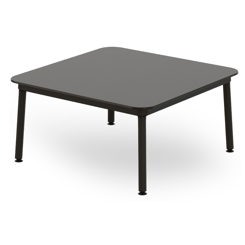 Mesa baja cuadrada RESOL HUB 80x80 con estructura de aluminio lacado y patas de acero
