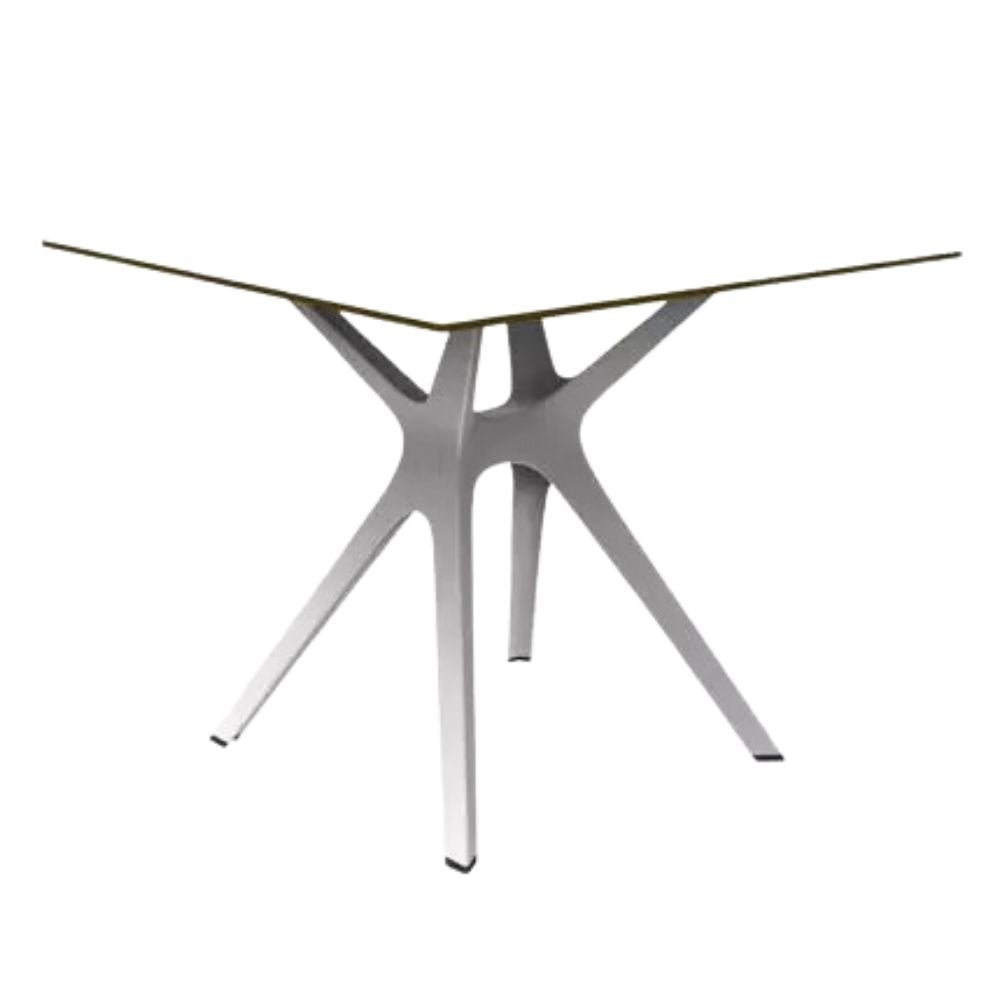 Mesa cuadrada RESOL VELA S con tapa HPL y pie central de fibra de vidrio enlazado por barra de aluminio