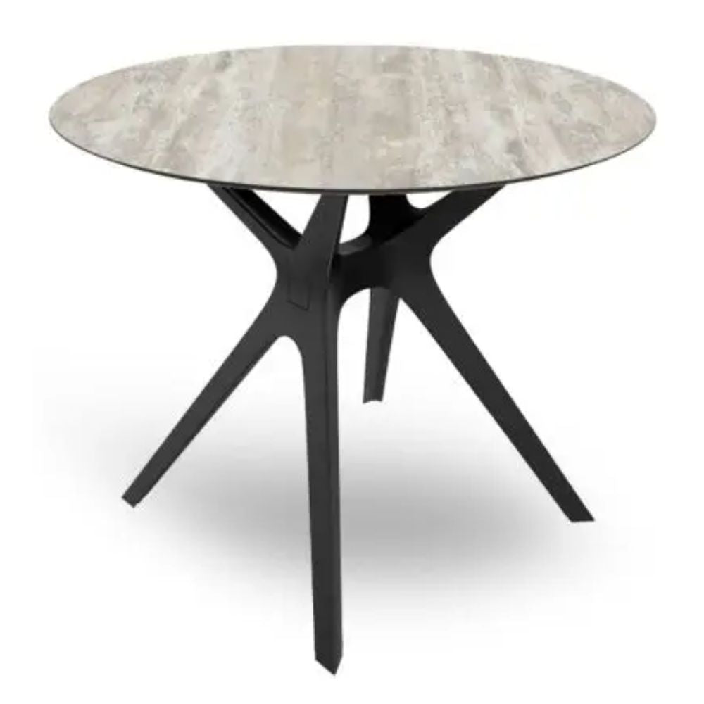 Mesa circular Resol Vela S Ø80 con base de fibra de vidrio y PP enlazada por barra de aluminio.