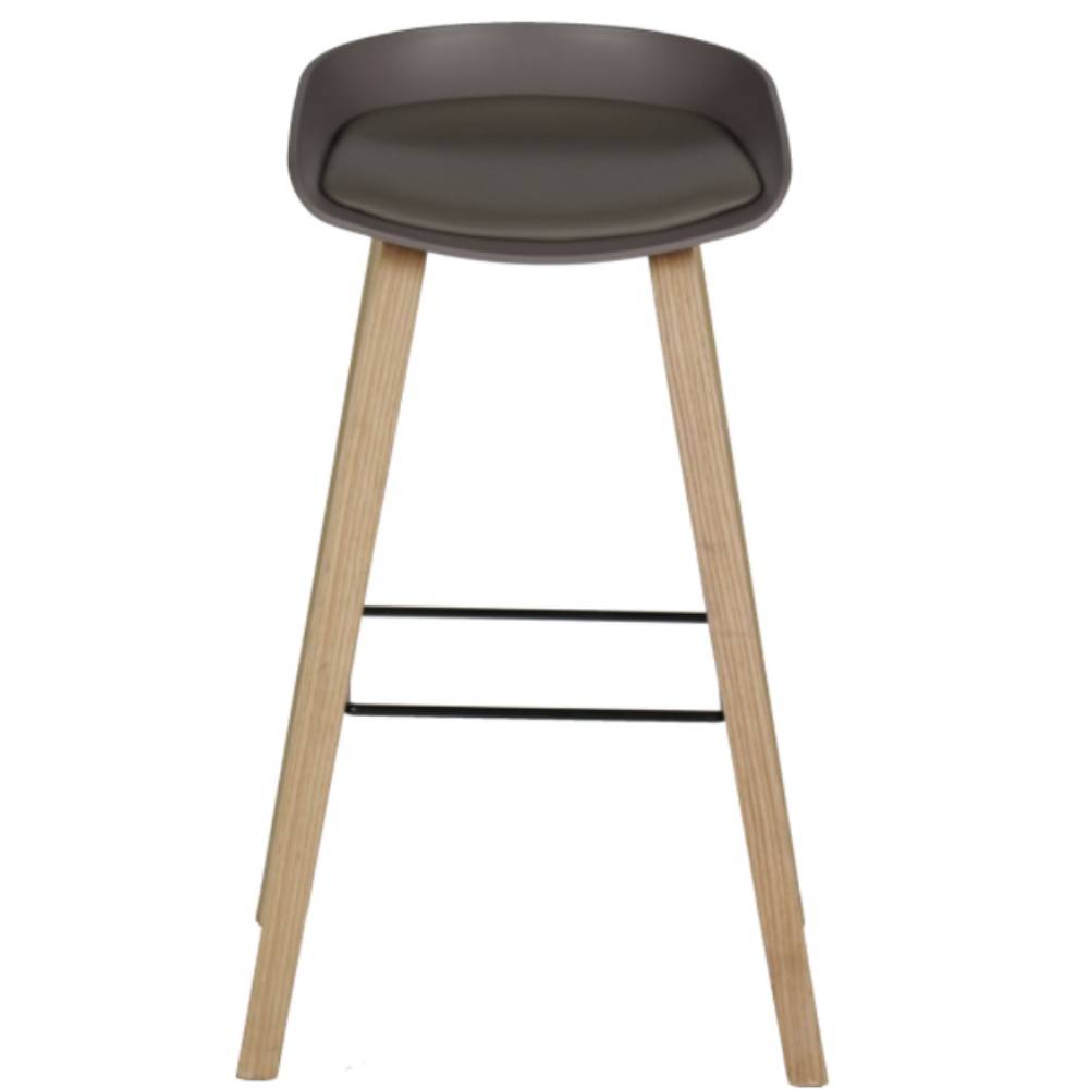 Banco alto Stella con asiento acojinado en vinipiel, patas de madera de haya y reposapiés metálico.